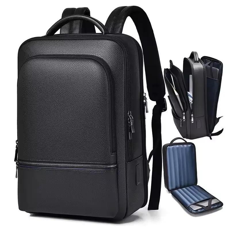 Slim black PU leather laptop backpack with padded 15.6 inch sleeve and USB port