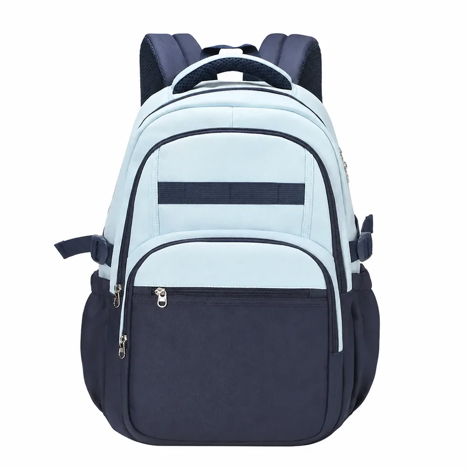 Custom two-tone school backpack with padded straps, front organiser pocket and side bottle pockets
