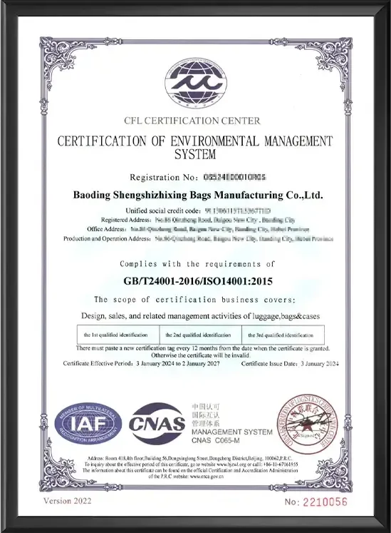 ISO 14001 environmental management system certificate - Senszx