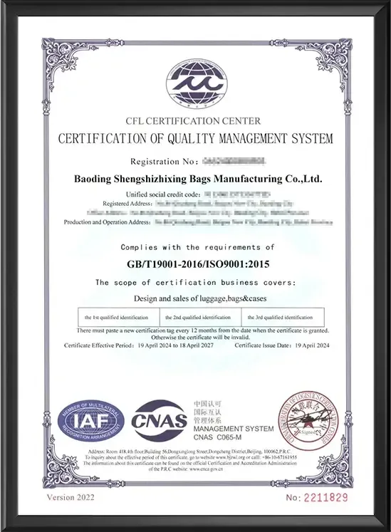 ISO 9001 quality management system certificate - Senszx